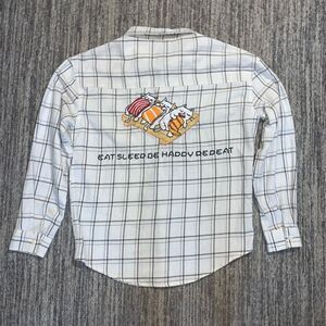 Tianshu Mens Medium Button Front Shirt Eat Sleep‎ Be Happy Embroidered Graphic